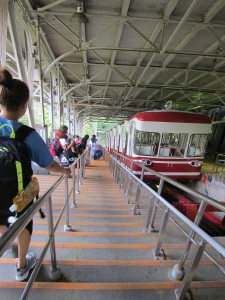 Riding the funicular down from Koyasan